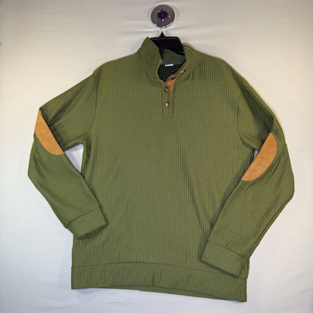 Hengsheng Ployester  1/4 Snap Button Leather Elbow Patch Pullover Green Large